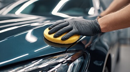 A person wearing black gloves is polishing a shiny dark-colored car with a yellow sponge.