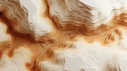 Abstract topographic map with layered paper effect in warm brown and beige tones creating smooth, flowing, and intricate landscape design with depth and texture