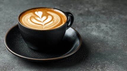 A black cup of latte with heart-shaped latte art sits on a matching saucer against a textured grey background.