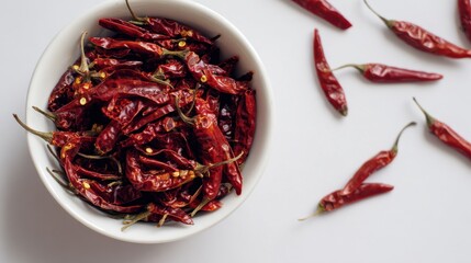 A white bowl filled with dried red chili peppers sits on a white surface, with several loose dried chilies scattered nearby.