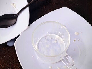 Empty Glass and Spoon on Plates: Aftermath of a Meal, Top-Down View