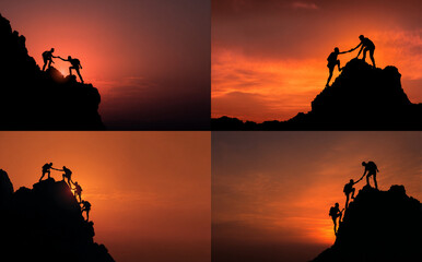 Team of hikers helping each other on a mountain peak – teamwork, leadership, success and business journey concept

