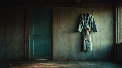 Old dojo with jiu-jitsu kimono hanging in silence