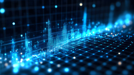 Abstract image of blue digital data streams flowing over a dark grid.