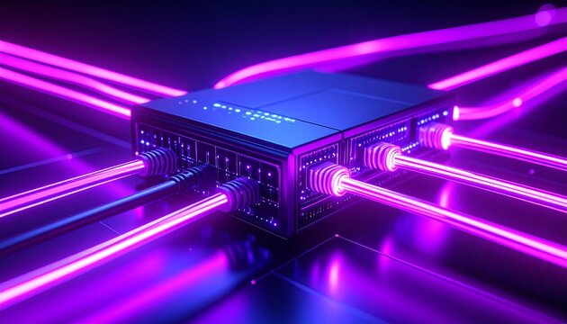Futuristic 3D render of network switch glowing neon purple with animated data beams across cables, cyberpunk tech theme with vibrant tones.
