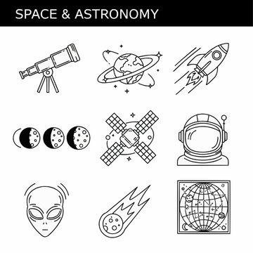 Space and Astronomy Icons Depicting Science Concepts and Celestial Exploration