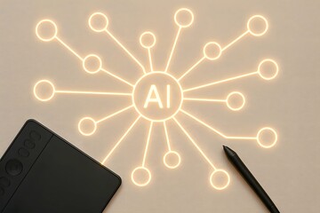 Glowing AI Network Diagram with Connected Nodes and Digital Pen Tablet on Neutral Background – Futuristic Visualization Representing AI, Machine Learning, and Scientific Neural Network Connections