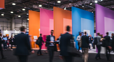 Business professionals attending trade show conference with colorful exhibition booths
