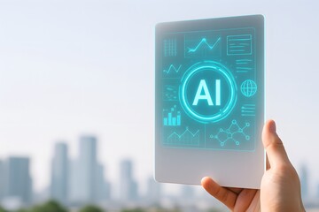 Futuristic Holographic AI Interface on Transparent Digital Tablet Held Against Modern City Skyline – Advanced Artificial Intelligence Display with Graphs, Charts, Data Visualization, and Tech Elements