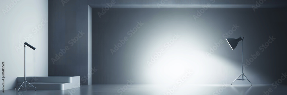 Poster a studio setup with a light and a microphone stand in a minimalist gray and white room scene