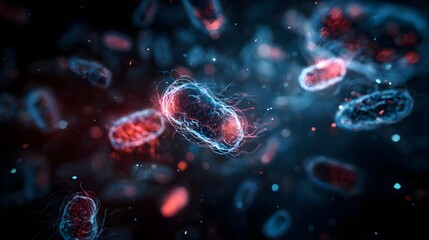 Microscopic view of glowing virus cells and bacteria in blue and red on a dark scientific background.
Concept : Microbiology, infection, disease research, scientific study, pathogens.