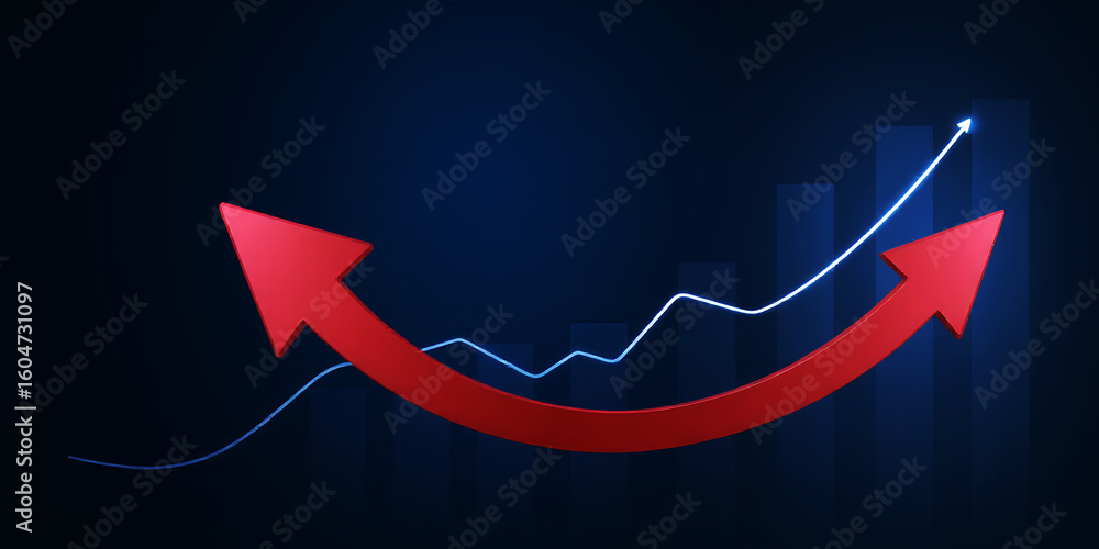 Poster red curved arrow pointing upwards with a white line graph on a dark blue gradient background