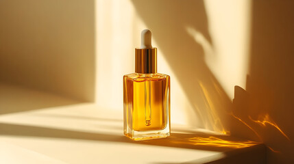 Naklejka premium Amber glass dropper bottle with oil on a white surface, illuminated by sunlight.
