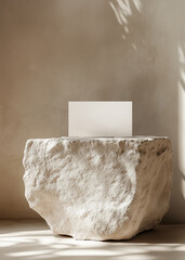 Modern mockup scene with blank card standing on rough natural stone in warm sunlight. Ideal for eco branding, packaging design, cosmetic presentation