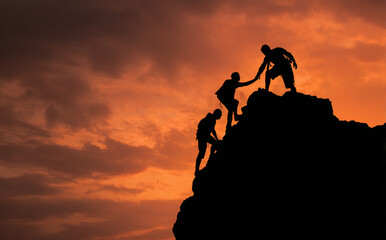 Team of hikers helping each other on a mountain peak – teamwork, leadership, success and business journey concept

