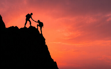 Team of hikers helping each other on a mountain peak – teamwork, leadership, success and business journey concept

