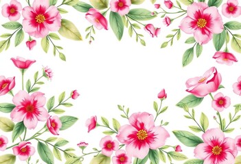 Fototapeta premium Cream watercolor background with cute pink flowers and green leaves in a rustic vintage seamless pattern, pattern, leaves