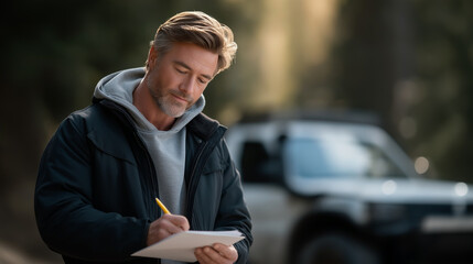 Collision Adjuster Documenting Accident with Tow Truck and Claim Form