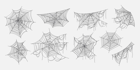 Halloween cobweb set. Isolated realistic black spiderweb bundle in various shapes for spooky and gothic designs. Perfect decoration for web, print, and party themes. Vector line art elements.