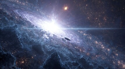 Fototapeta premium Spaceship watching two stars collide from afar, powerless, mesmerized by chaos