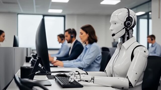 AI humanoid robot working in a Call Center with human colleagues. Concept of human-robot collaboration and future of work