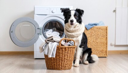 Dog in a scarf poses with laundry basket and washing machine background