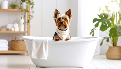 Yorkie Dog in Bathtub