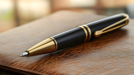 Black and gold ballpoint pen on brown leather surface