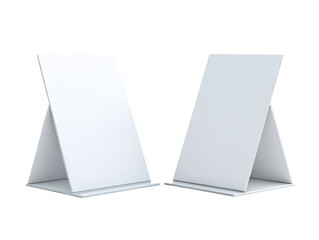 Two blank, white, tabletop display stands