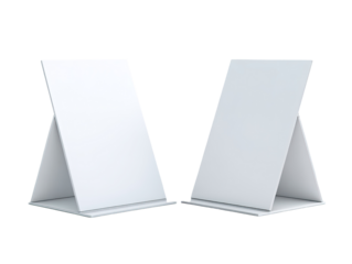 Two blank, white, tabletop display stands