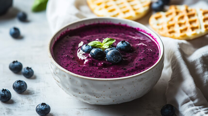 Vibrant and creamy blueberry smoothie served in a white ceramic bowl with basil garnish and waffles in the background. Healthy breakfast or dessert concept with fresh ingredients and rustic styling.