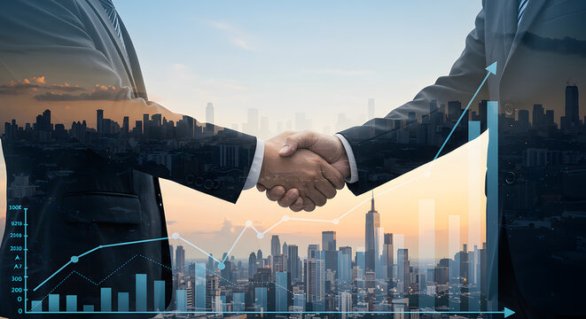 Business handshake over cityscape with financial growth charts showing success