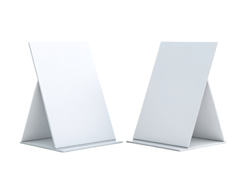Two blank, white, tabletop display stands