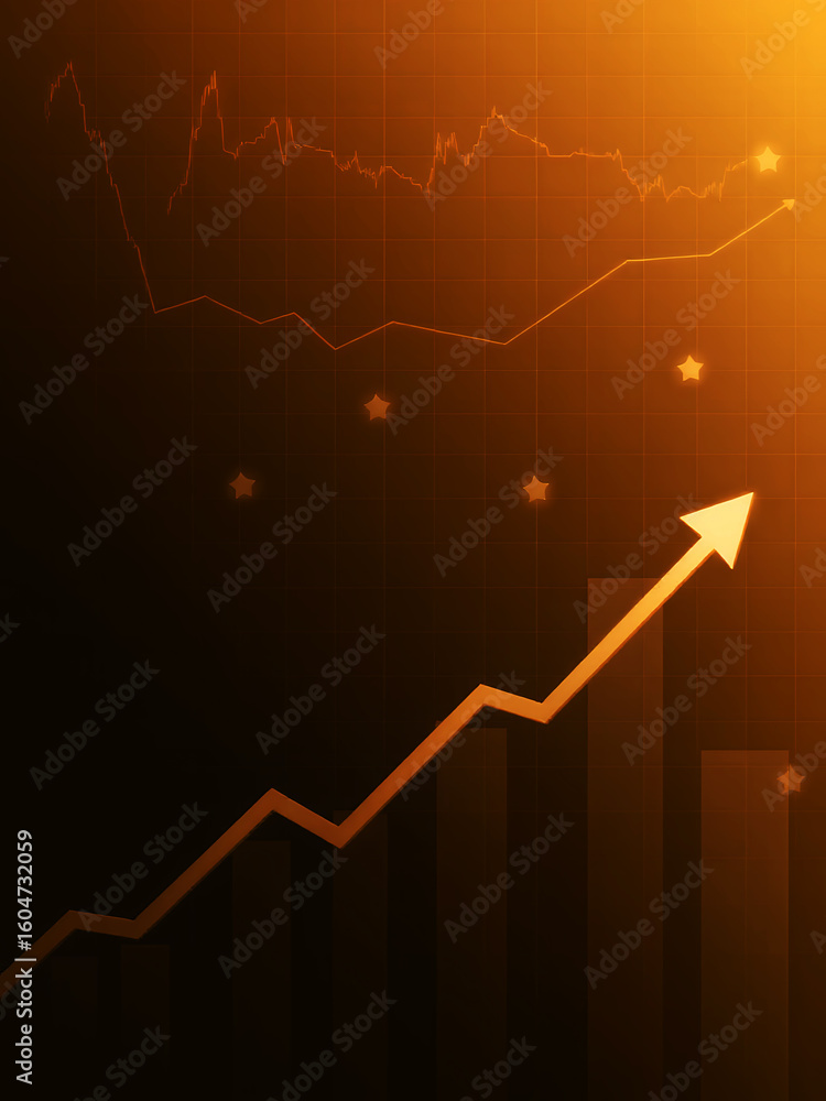 Poster abstract representation of an upward trending line graph with bars and star shapes on grid