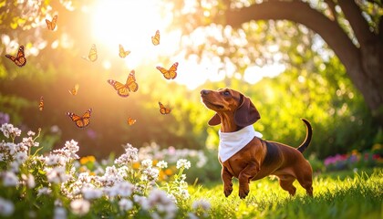 A dog stares up at a kaleidoscope of butterflies in a sunny meadow.