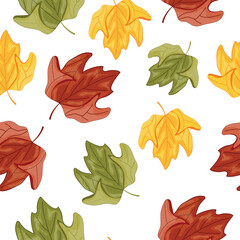 seamless pattern of icons of unfolded colored leaves of deciduous tree namely maple tree, for autumn textile, packaging or cards