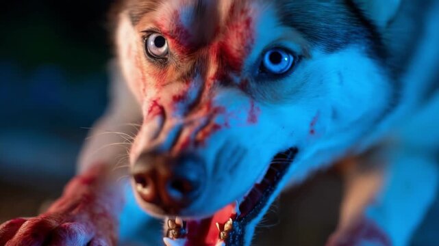 Close up of a dog with blood on its face and fur. Scary wolf for Halloween costume party. Monster pet for spooky holiday. All Hallows Eve, Samhain