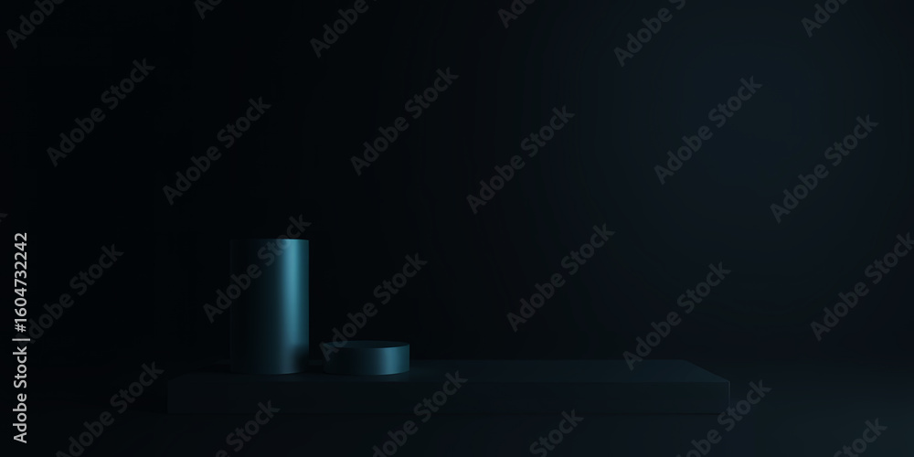 Poster a dimly lit scene featuring two cylindrical objects and a rectangular prism on a dark surface