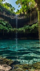 Discover serene tropical cenote with cascading waterfall and vibrant turquoise waters