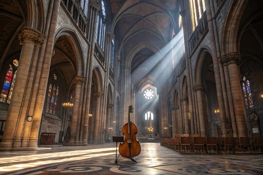 Cello bathed in sunbeams within grand cathedral interior architecture