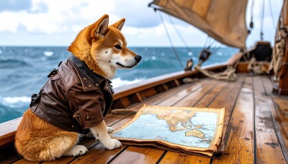 Dog Captain on a Voyage: Shiba Inu navigates the seas with determination.