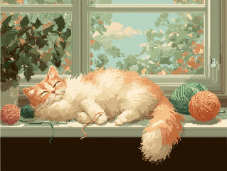 Pixel art of Cute Orange Cat Sleeping Peacefully on Windowsill with Yarn