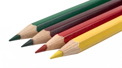Four Sharpened Colored Pencils – Green, Black, Red, and Yellow Tips on Transparent Background