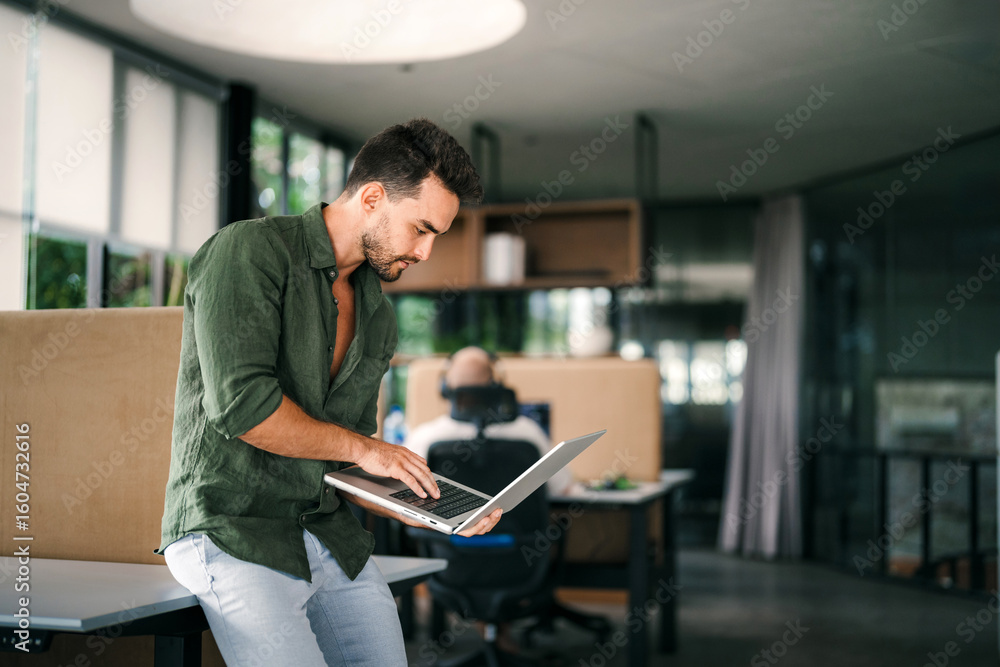 Poster software engineer using laptop computer with global network connection, technology, innovation