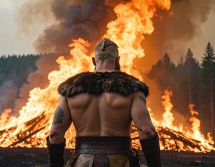 Viking Warrior Observes Burning Pyre in Dramatic Flaming Forest Setting