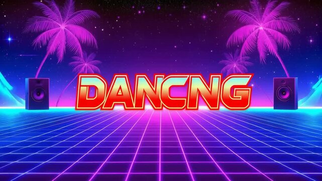 Synthwave dancing party with palm trees and speakers.