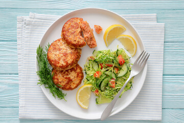 Hot Smoked salmon burgers, patties and coleslaw