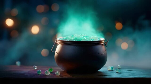 Black cauldron with bubbling green potion and smoke on a wooden table. Halloween magic and mystery concept. All Hallows Eve, Samhain