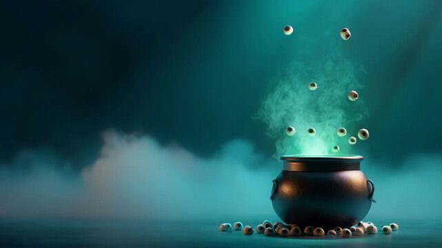 Halloween witch cauldron with bubbling green potion and floating eyeballs. Spooky dark fantasy for holiday night decorations. All Hallows Eve, Samhain