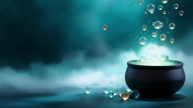 Black cauldron with bubbling green potion creating magical glowing spheres. Spooky fantasy background for Halloween party. All Hallows Eve, Samhain